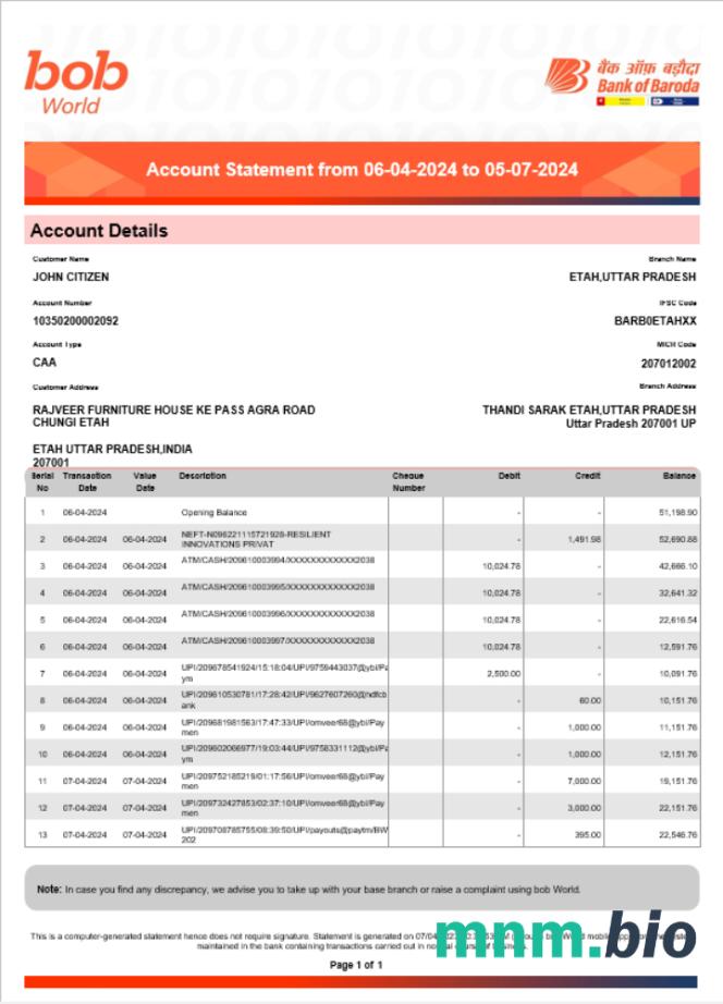 India Bank Of Maharashtra statement for konto szablon Worda i PDF